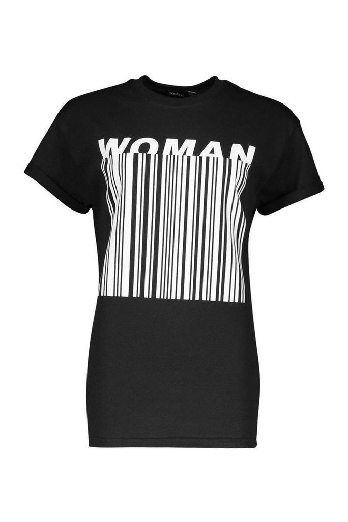 Womens Woman Barcode Print T-Shirt - black - 6, Black