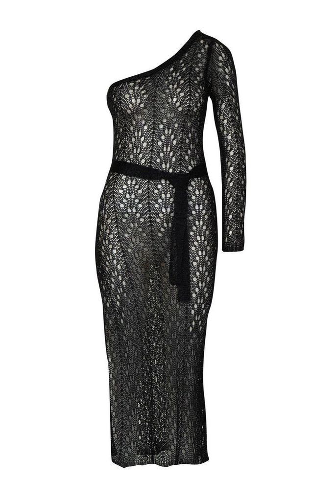 Womens One Shoulder Metallic Knitted Dress - black - L, Black