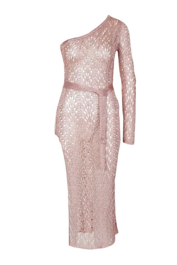 Womens One Shoulder Metallic Knitted Dress - pink - M, Pink