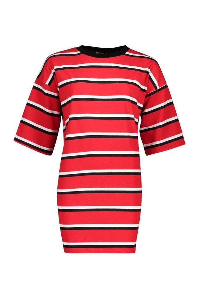 Womens Oversized Stripe T-Shirt Dress - Red - M/L, Red
