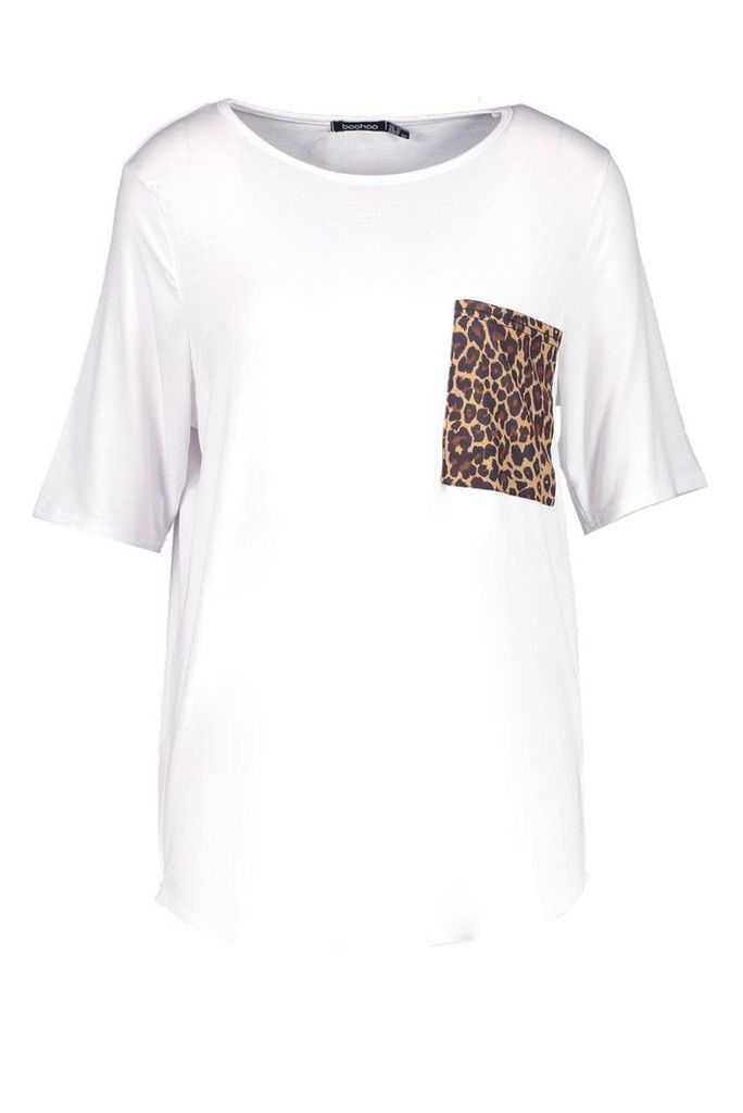 Womens Leopard Print Pocket T-Shirt - white - 10, White