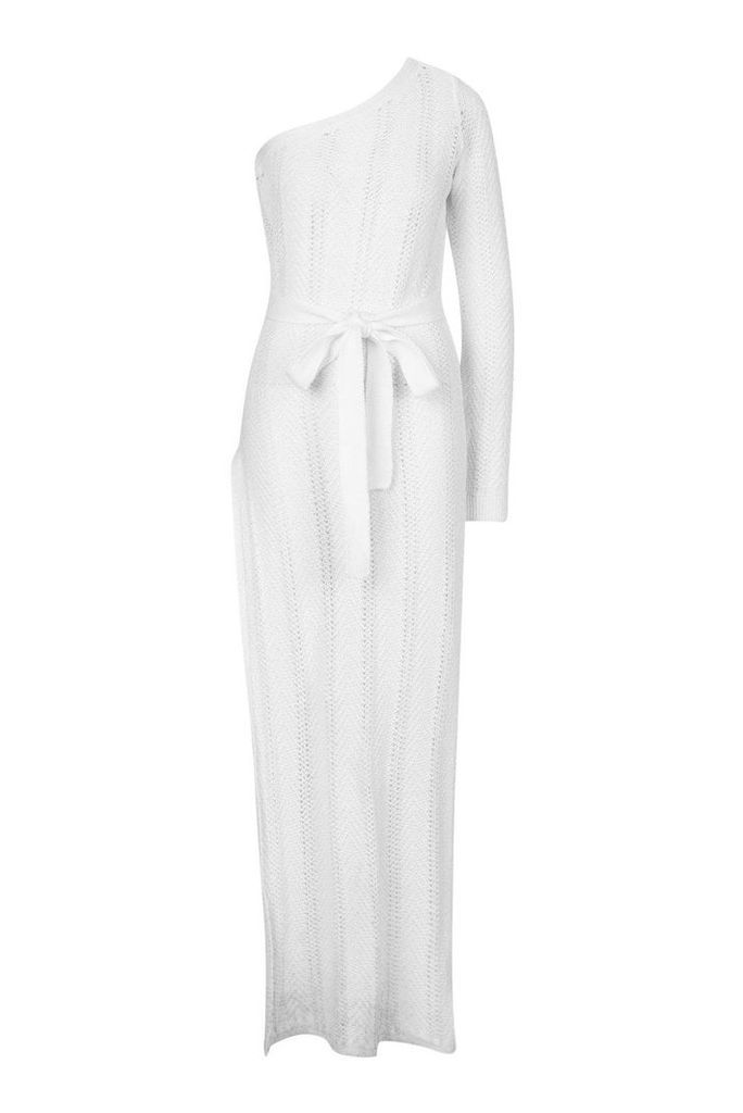 Womens One Shoulder Knitted Maxi Dress - white - L, White