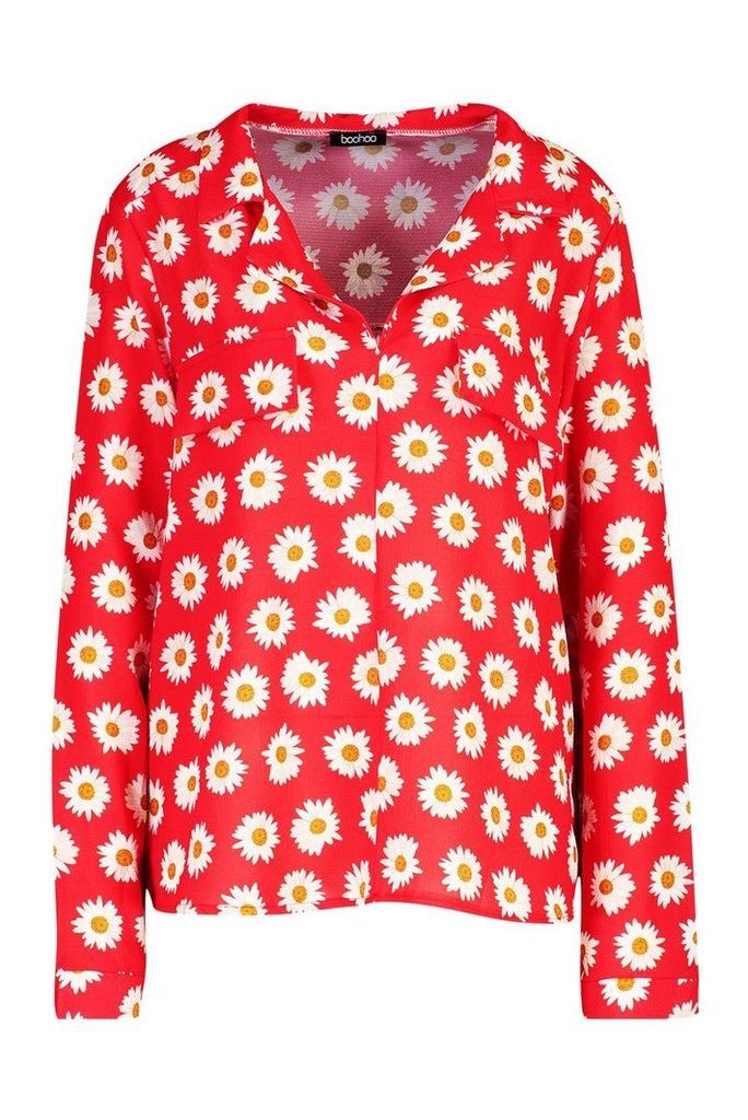 Womens Floral Utility Pocket Shirt - red - 14, Red