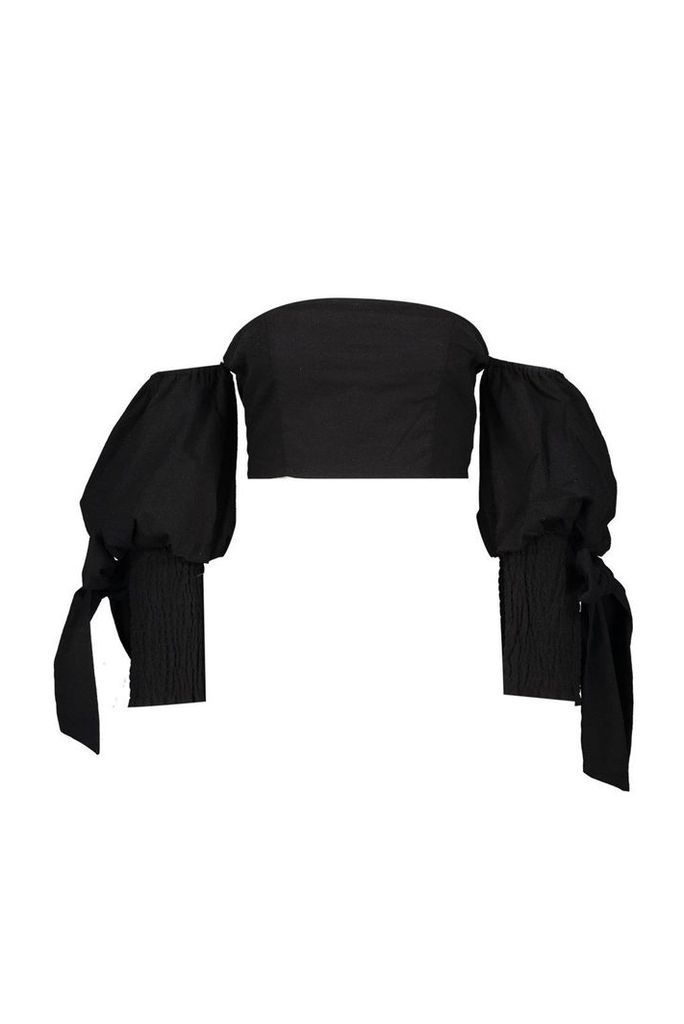 Womens Linen Volume Shirred Sleeve Top - Black - 14, Black