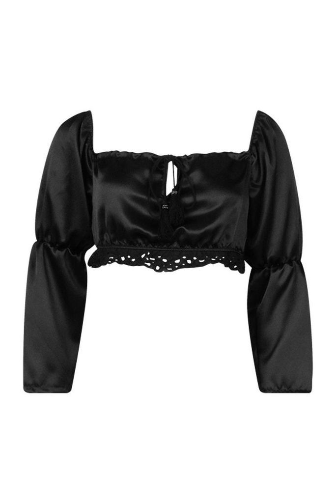 Womens Lace Detail Volume Sleeve Top - black - 12, Black