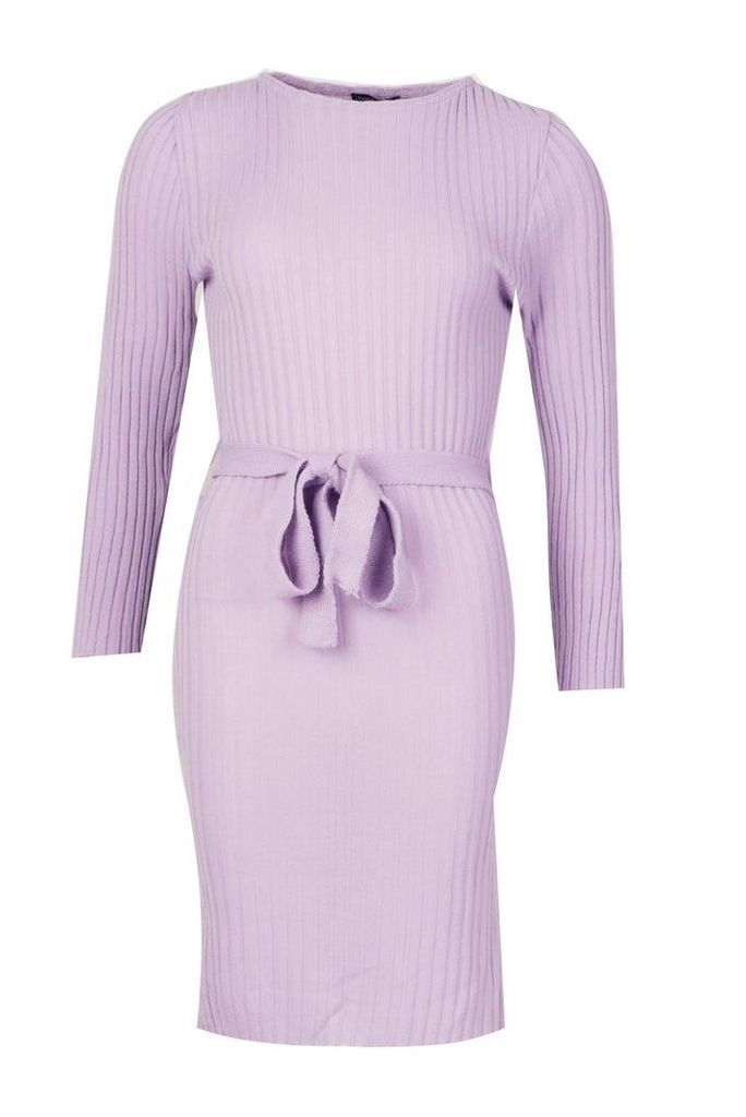 Womens Belted Split Side Knitted Midi Dress - purple - M, Purple
