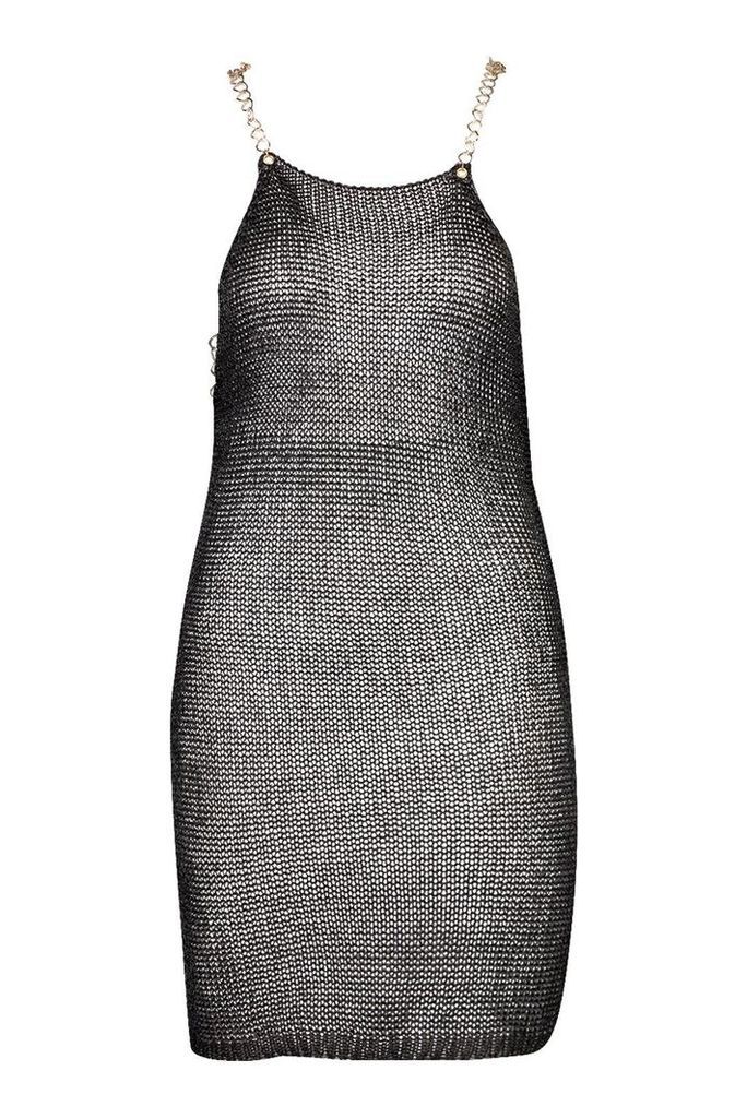 Womens Chain Strap Metallic Knit Mini Dress - black - S, Black