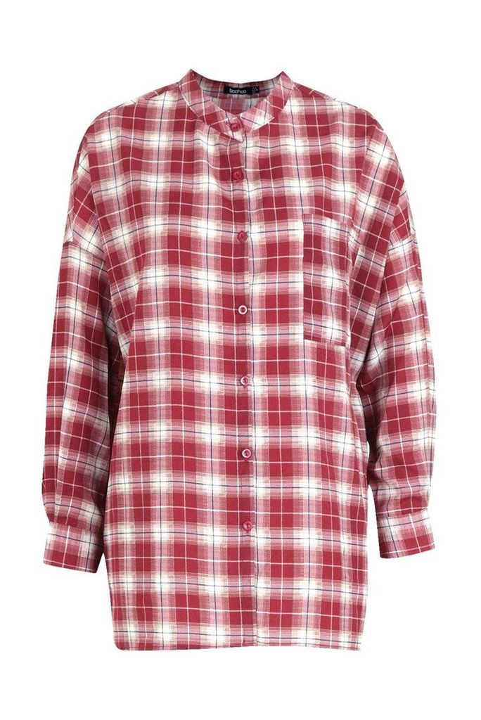 Womens Grandad Collar Oversized Check Shirt - Red - 16, Red
