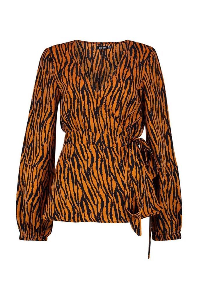 Womens Tonal Zebra Print Wrap Blouse - orange - 6, Orange