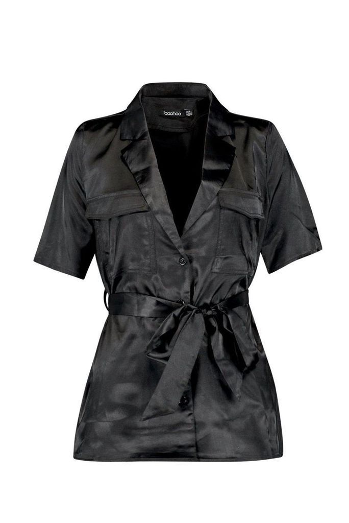 Womens Button Down Satin Tie Waist Utility Shirt - black - 6, Black