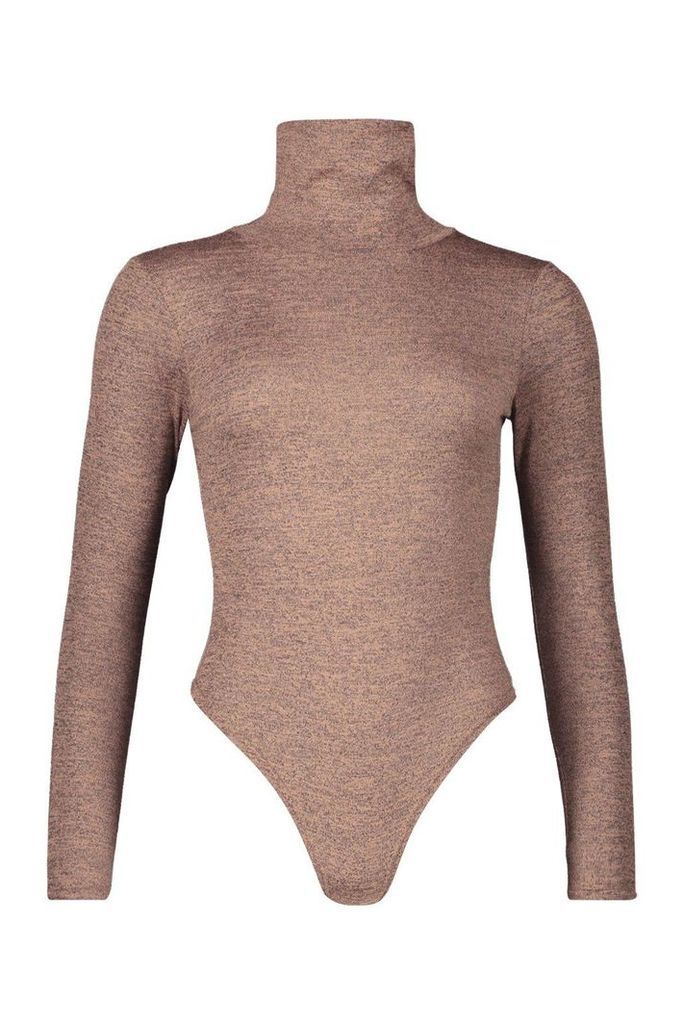 Womens Marl Knit Roll Neck Bodysuit - beige - 12, Beige