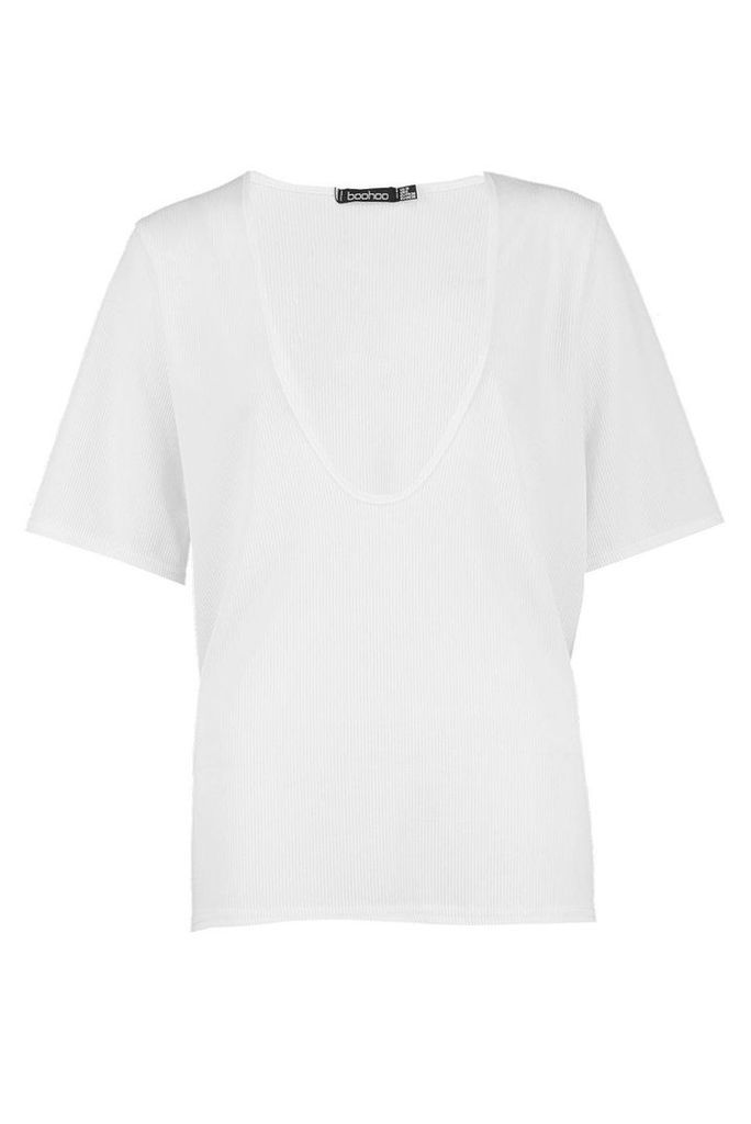 Womens Basic Rib Deep Plunge T-Shirt - white - 8, White
