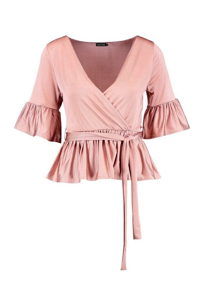 Womens Wrap Front Frill Hem Top - pink - 6, Pink