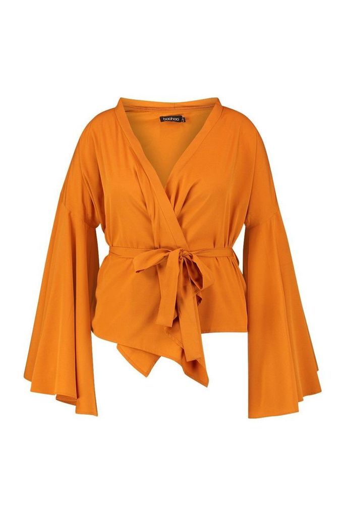 Womens Plus Wide Sleeve Wrap Tie Blouse - Orange - 24, Orange