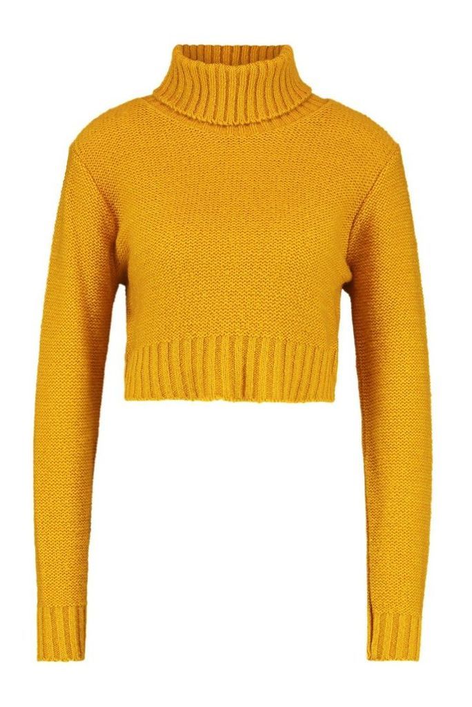 Womens roll/polo neck Crop Jumper - yellow - L, Yellow