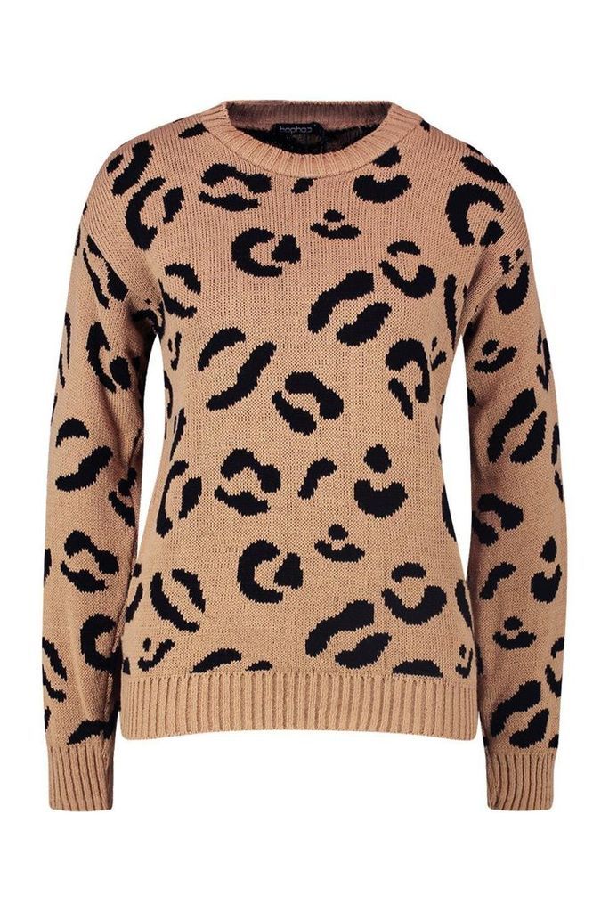Womens Leopard Knitted Jumper - beige - S, Beige