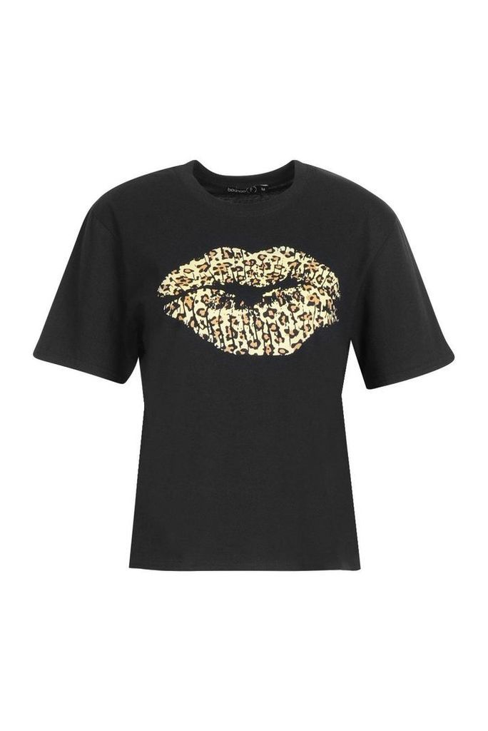 Womens Petite Leopard Print Lip T Shirt - black - M, Black
