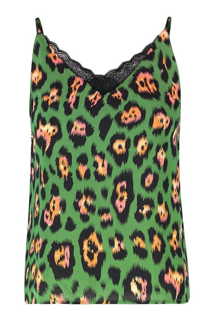 Womens Petite Lace Trim Leopard Cami Top - green - 4, Green