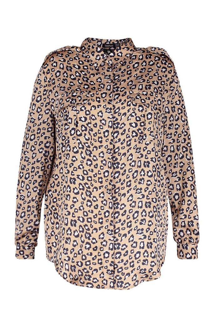 Womens Plus Leopard Print Satin Utility Shirt - beige - 22, Beige