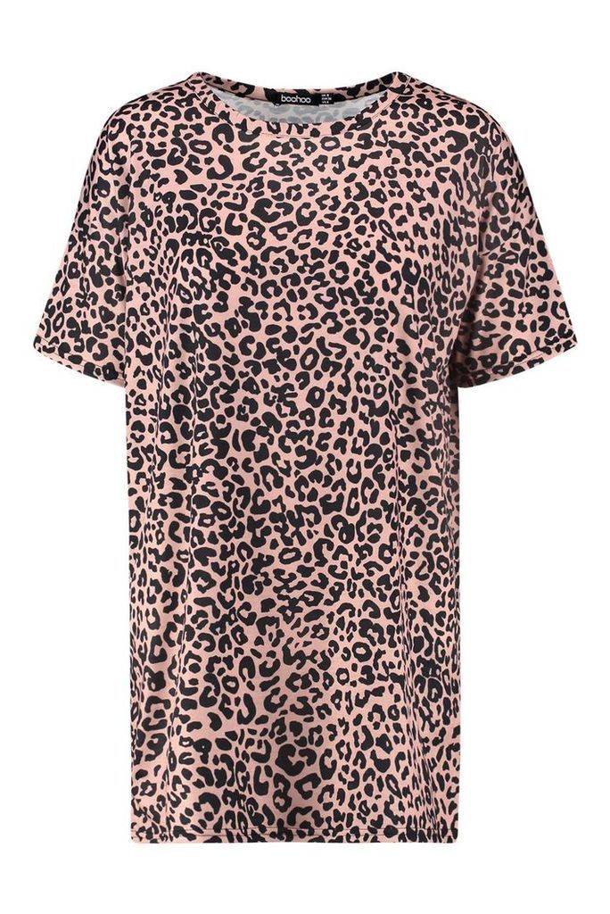 Womens Petite Leopard T-Shirt Dress - Brown - 10, Brown
