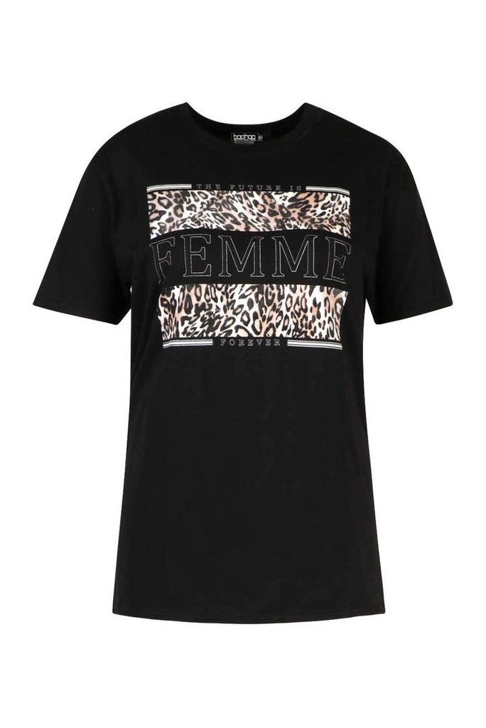 Womens Plus Femme Slogan Leopard Tshirt - black - 18, Black