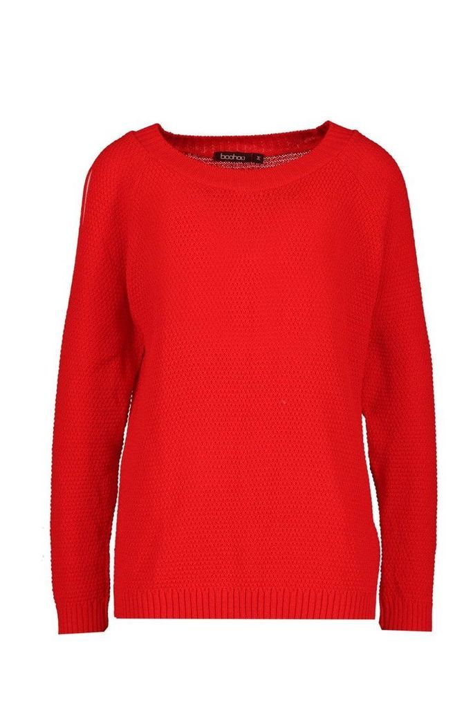 Womens Cold Shoulder Moss Stitch Jumper - red - M, Red