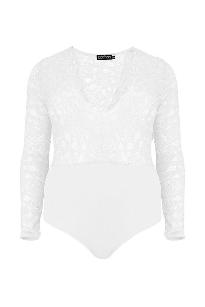 Womens Plus Plunge V Neck Lace Bodysuit - white - 18, White
