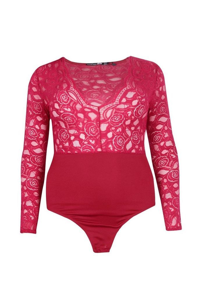 Womens Plus Plunge V Neck Lace Bodysuit - red - 24, Red