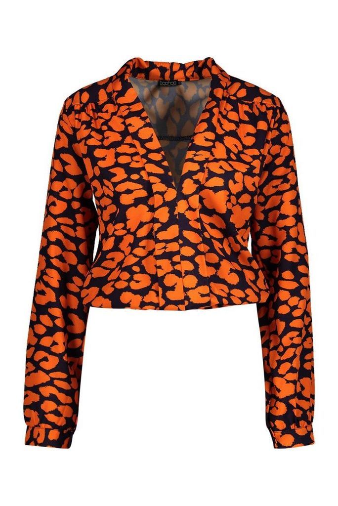 Womens Tall Plunge Leopard Satin Shirred Shirt - orange - 8, Orange
