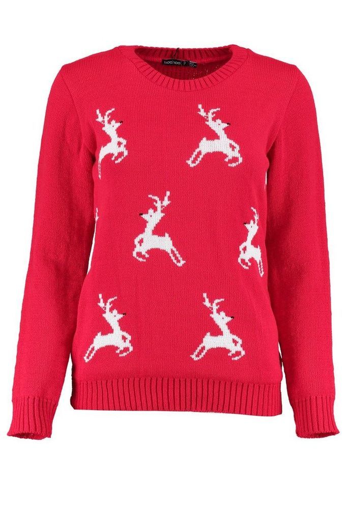 Womens Petite Reindeer Christmas Jumper - red - 14, Red