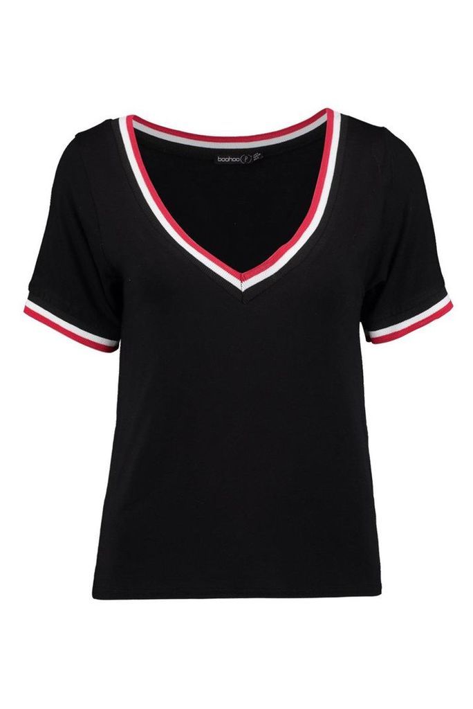 Womens Petite Rib V Neck T-Shirt - black - 4, Black