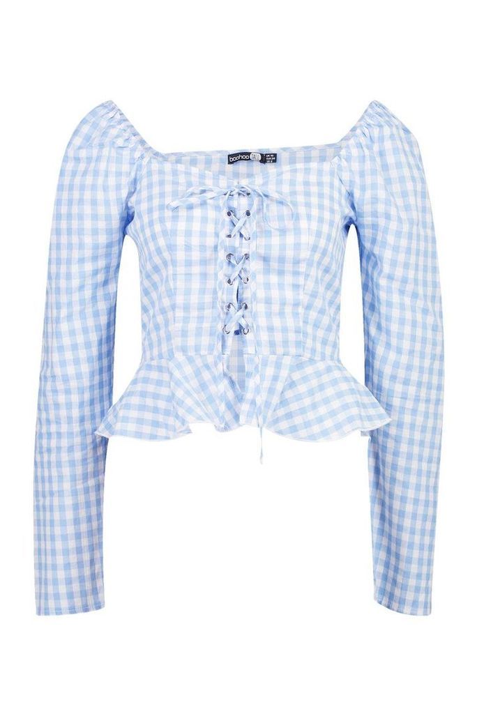 Womens Tall Gingham Lace Up Peasant Top - blue - 14, Blue