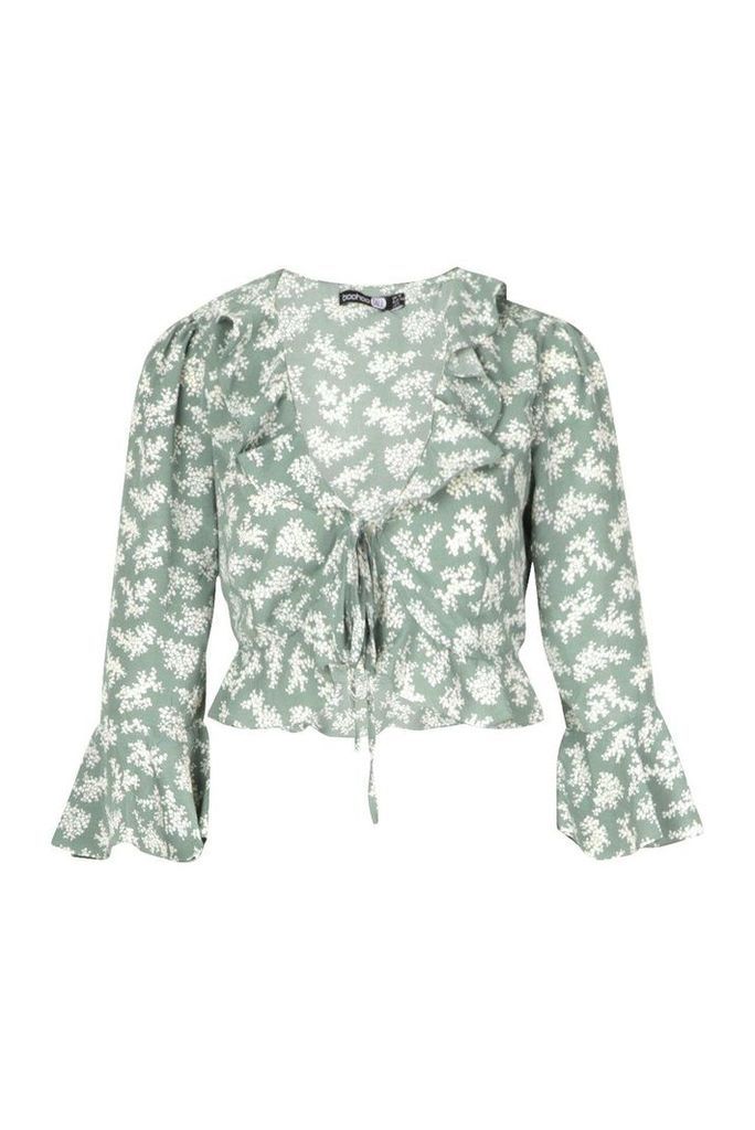 Womens Tall Floral Print Ruffle Lace Up Blouse - green - 16, Green
