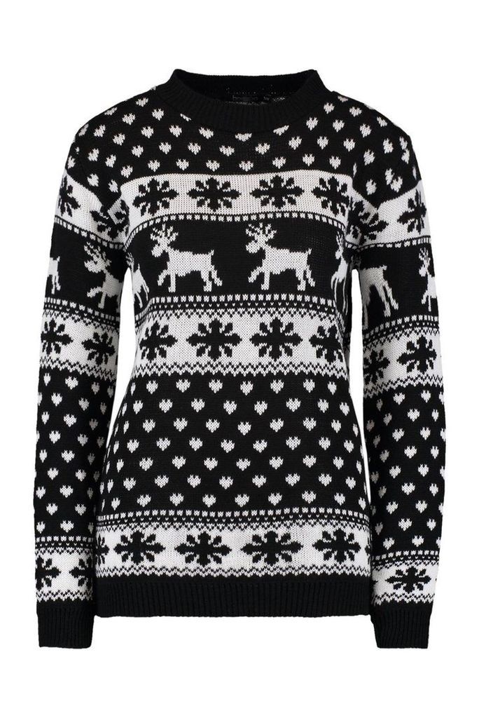 Womens Reindeer & Snowflake Christmas Jumper - black - S/M, Black