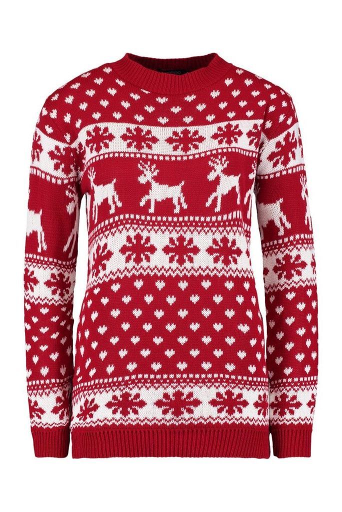 Womens Reindeer & Snowflake Christmas Jumper - red - S/M, Red