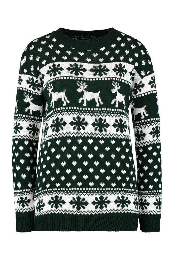 Womens Reindeer & Snowflake Christmas Jumper - green - S/M, Green