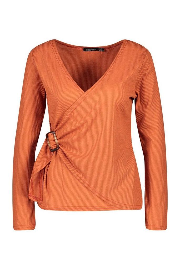 Womens Rib Knit Buckle Detail Top - orange - 8, Orange