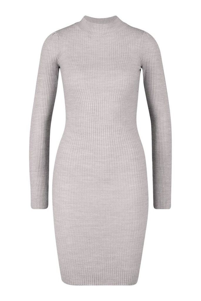 Womens Roll/Polo Neck Ribbed Dress With Long Sleeve - Grey - L, Grey