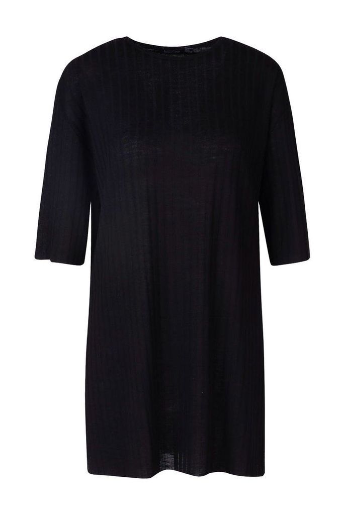 Womens Petite Rib Knitted Slouchy T-Shirt Dress - Black - 10, Black