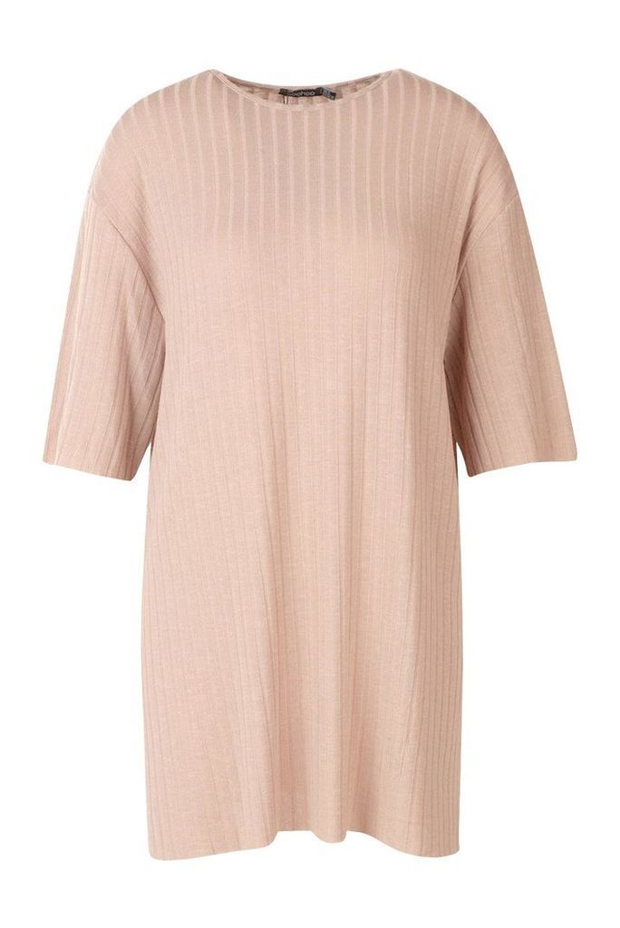 Womens Petite Rib Knitted Slouchy T-Shirt Dress - Beige - 6, Beige