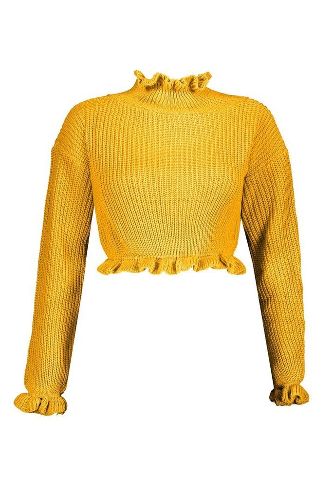 Womens Petite Ruffle Neck Crop Jumper - yellow - M/L, Yellow