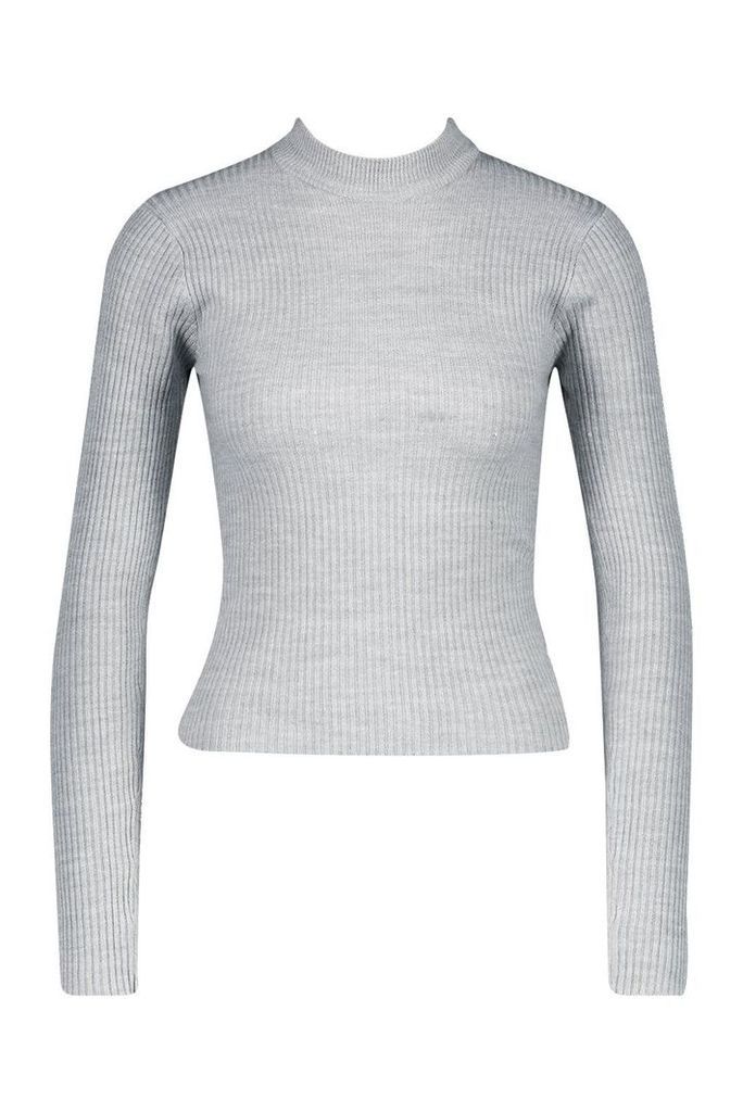 Womens Petite Ribbed Knitted High Neck Jumper - grey - XS, Grey