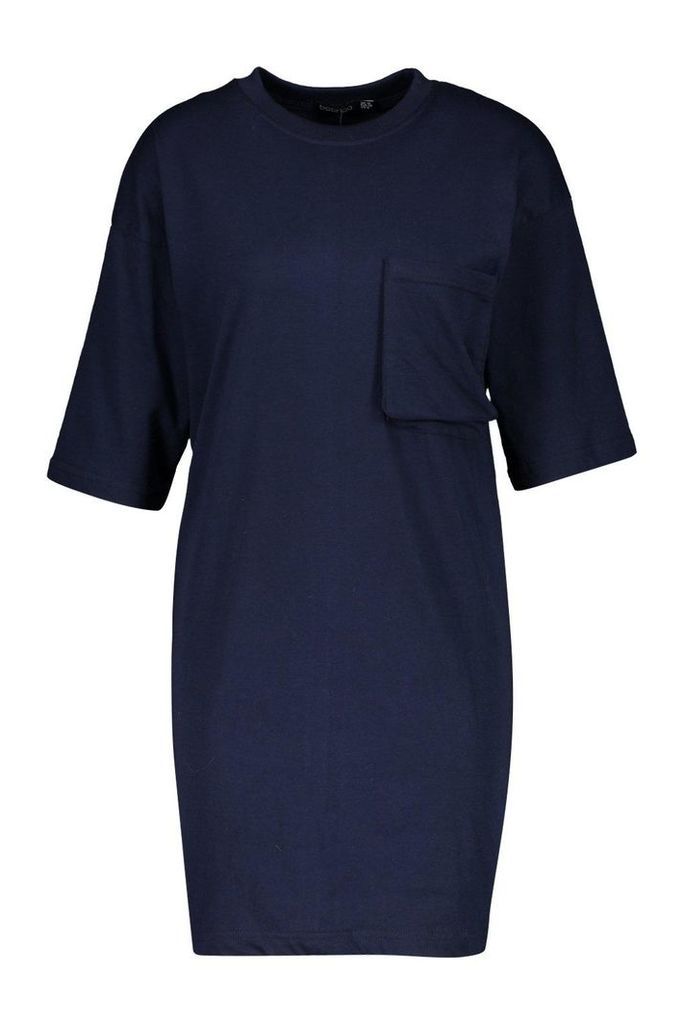 Womens Pocket Detail Oversized T-Shirt Dress - navy - 14, Navy