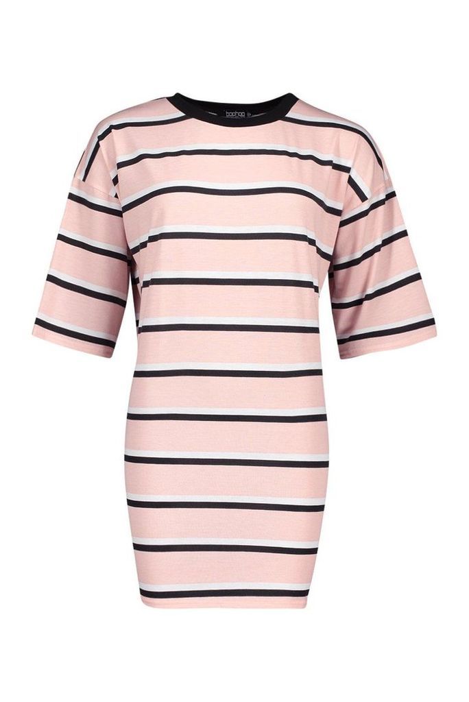 Womens Oversized Stripe T-Shirt Dress - Pink - M/L, Pink