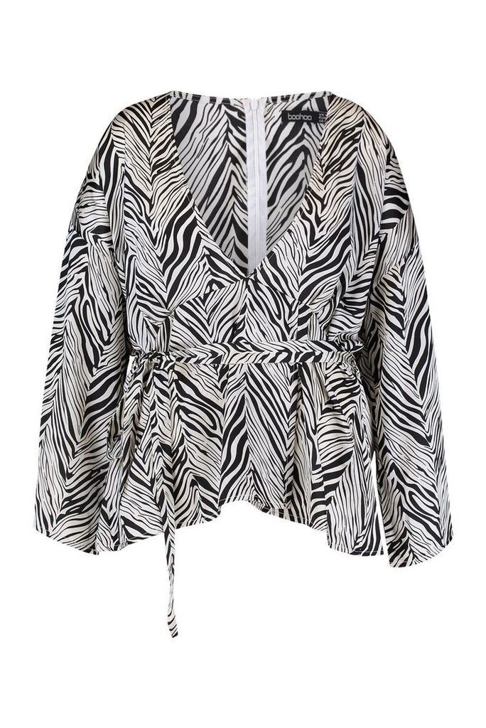 Womens Plus Zebra Print Plunge Kimono Sleeve Top - white - 18, White