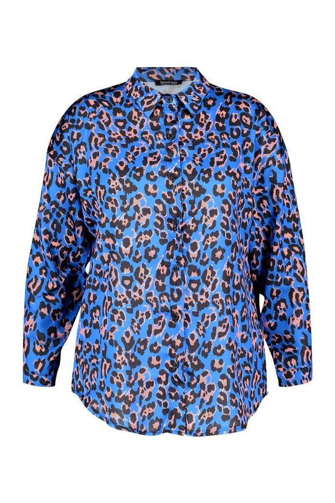 Womens Plus Oversized Satin Leopard Shirt - blue - 16, Blue
