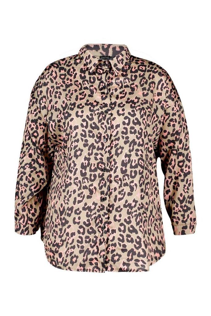 Womens Plus Oversized Satin Leopard Shirt - brown - 18, Brown