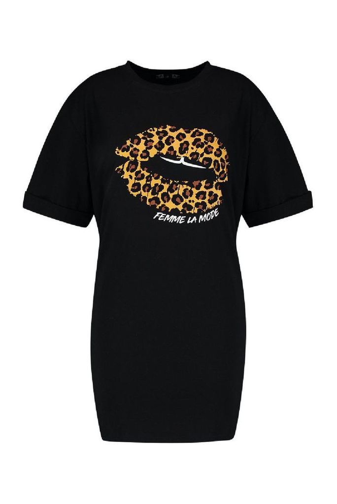 Womens Plus Leopard Print Lips T-Shirt Dress - black - 18, Black