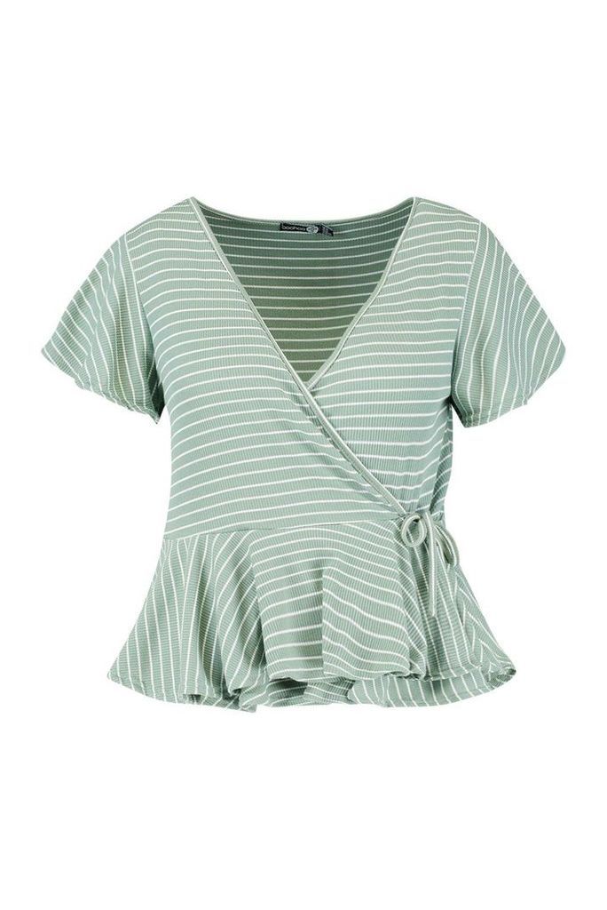 Womens Plus Stripe Rib Wrap Cap Sleeve Peplum Top - green - 18, Green