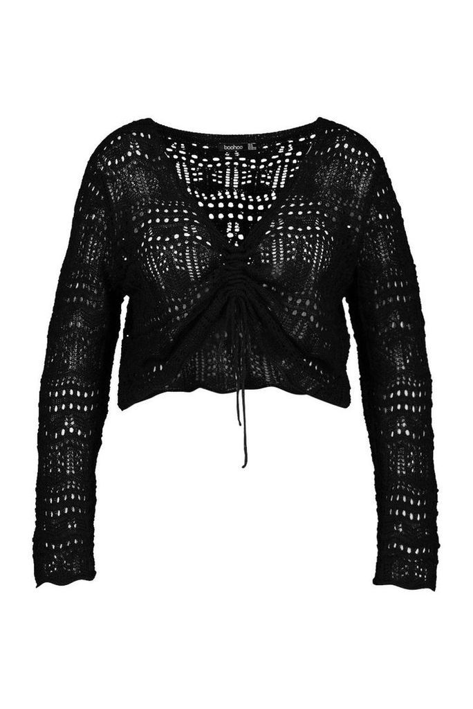 Womens Plus Ruched Crochet Knit Jumper - black - 24, Black